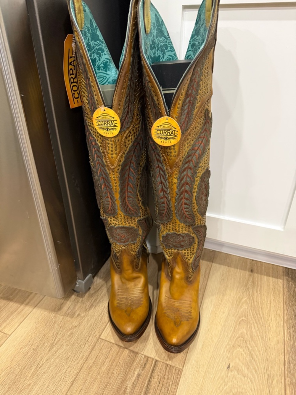 Corral Yellow Denim Overlay Embroidery Studs Tall Top J Toe Boot